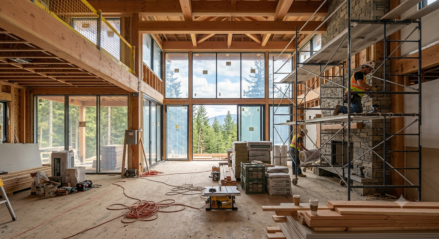 Interior of a custom home under construction, with exposed timber framing, scaffolding, and workers finishing stone and millwork.