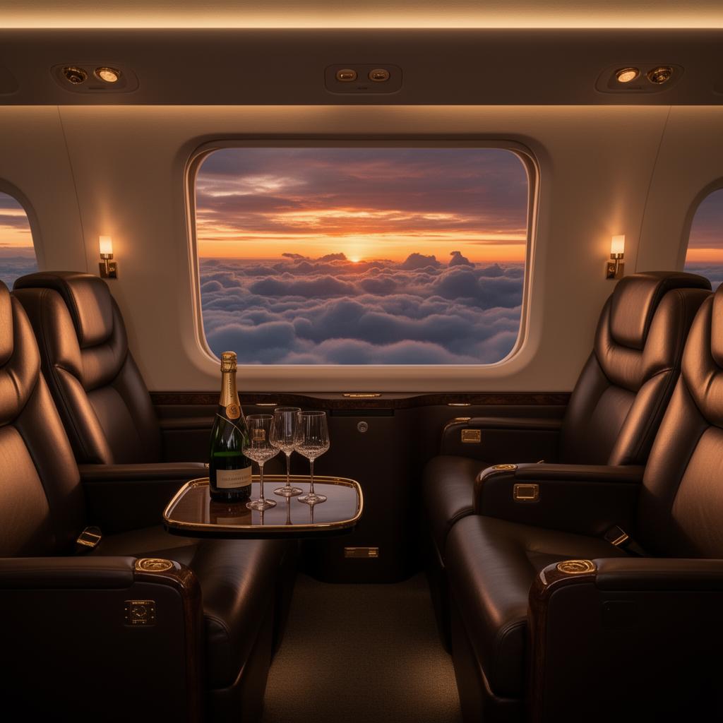 Luxury private jet interior with sunset view