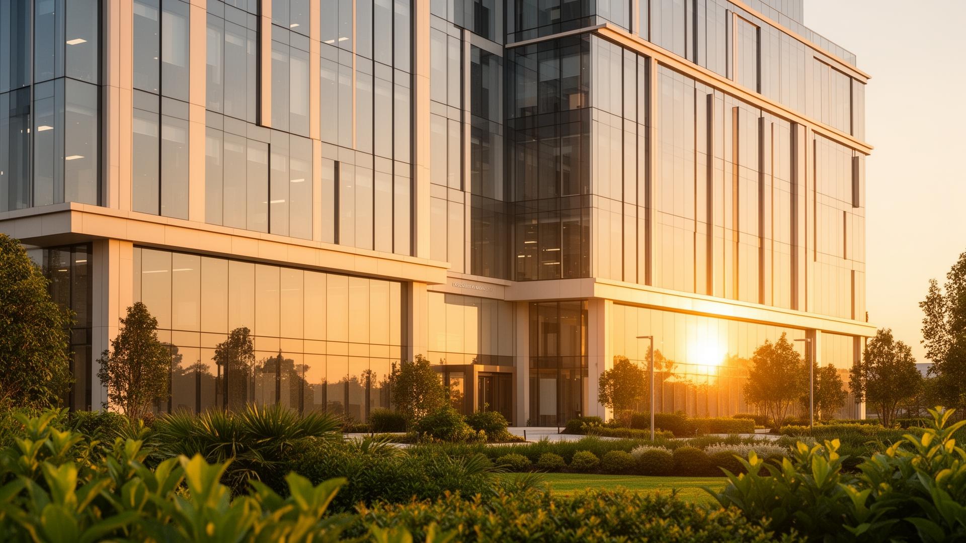 Modern commercial office building at golden hour